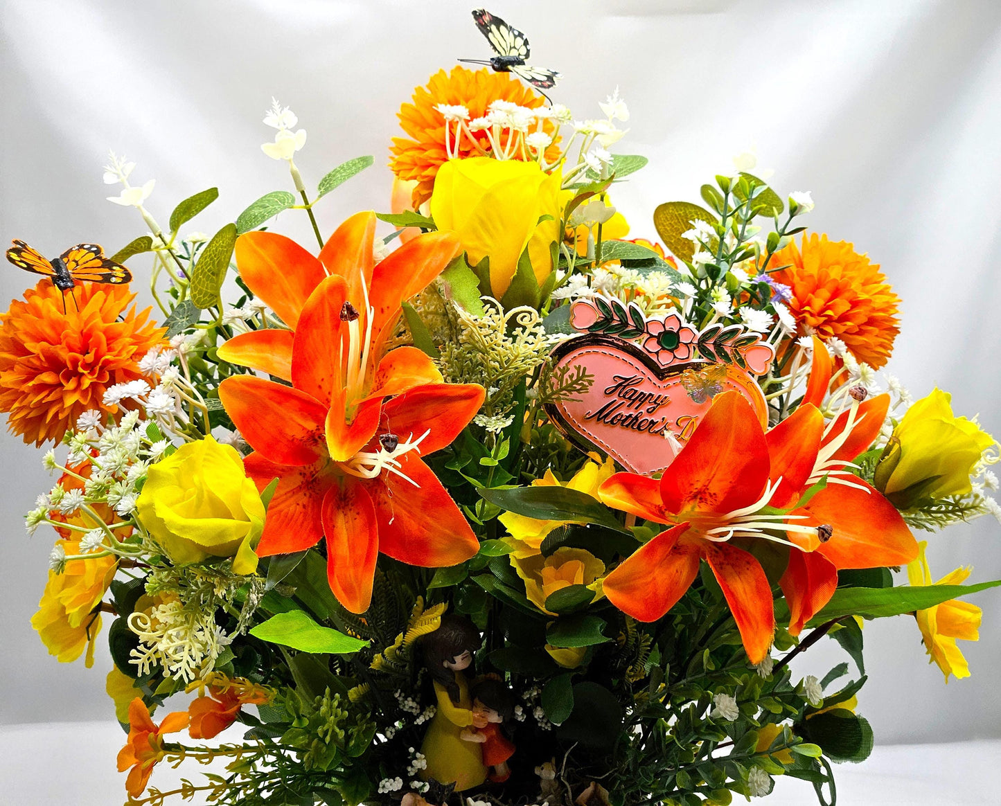 Love To Mom, Happy Mother's Day, I Love You Mom Floral Arrangement/Gift, 2 Options/Mother And Child/ Orange/Yellow Or Pink/Purple Florals