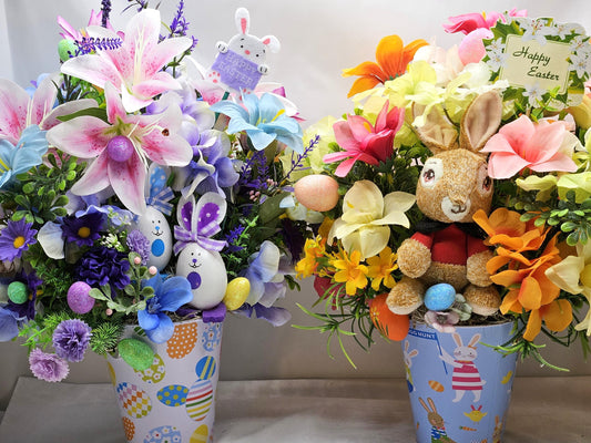 Silk Flowers/Easter Tins/Two Options/Bunny Deor Eggs or Peter-Type Rabbit/Glitter Eggs/Pink/Blue or Yellow/Pink Lilies, Other Florals Plus
