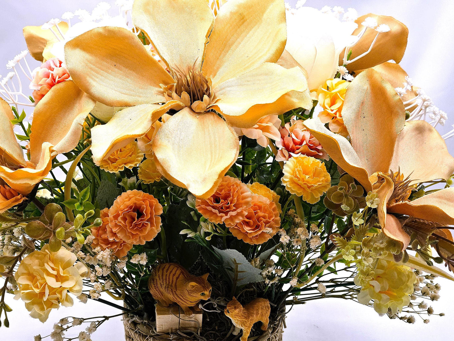 A Purr-fectly Stunning Floral Arrangement w/2 Tabby Tan Cats at the Front of Tan Magnolias/White Roses/Other Florals/Baby's Breath