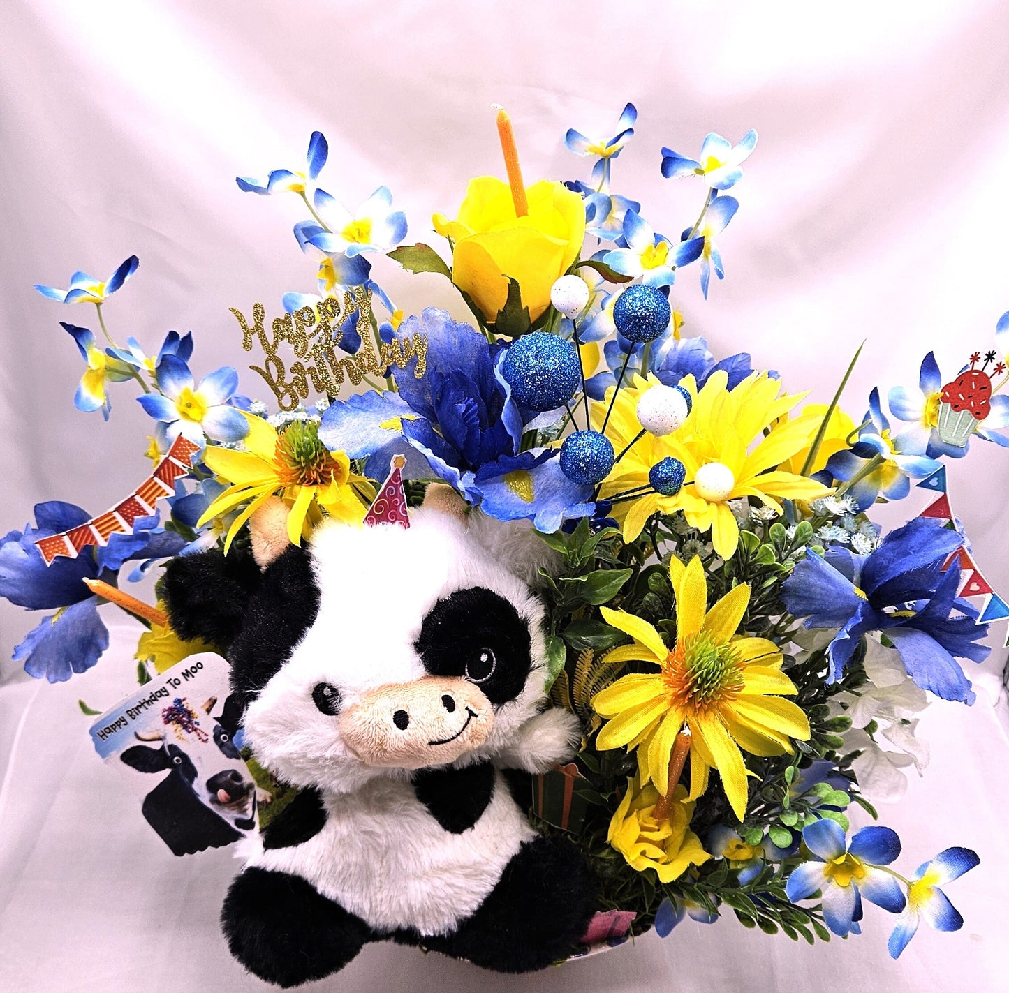 Happy Birthday to "Moo" Cow Lovers Flower Arrangement, Presents/Candles/Balloons/Birthday Sentiments, Blue/Yellow Flowers, Can Personalize