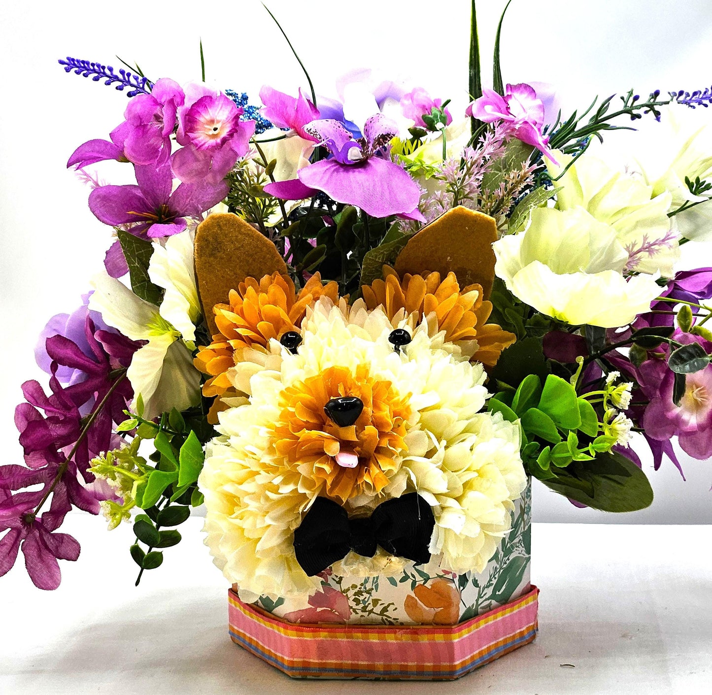 Handmade Carnation/Mum Flower Dogs/Two Options, in Box or Basket, Pieces filled w/Multi-Colored Sprimg/Summer Flowers/Greenery/Other Accents