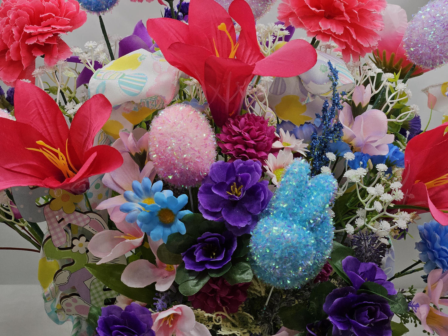Elegant Lovely Easter Basket Adorned w/Glitter Bunnies, Eggs, Pretty Ribbon/Multi-Colored Lilies/Daisie/Other Spring Flowers/Easter Sign