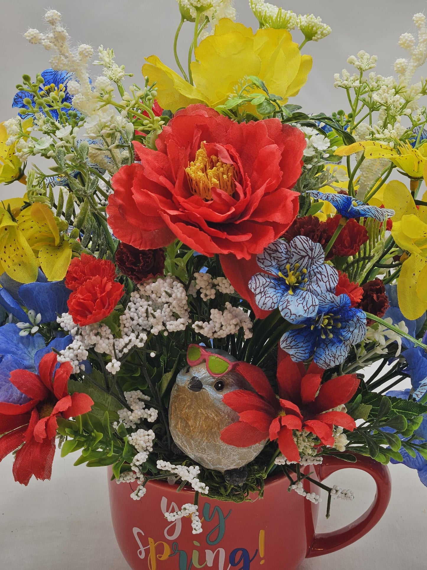 Yay, Spring is Sprung, Floral in Red Ceramic Mug, Cheery Bird Sits in Front of Vibrant Red/Yellow/Blue Spring/Summer Flowers/Decor/Gifting