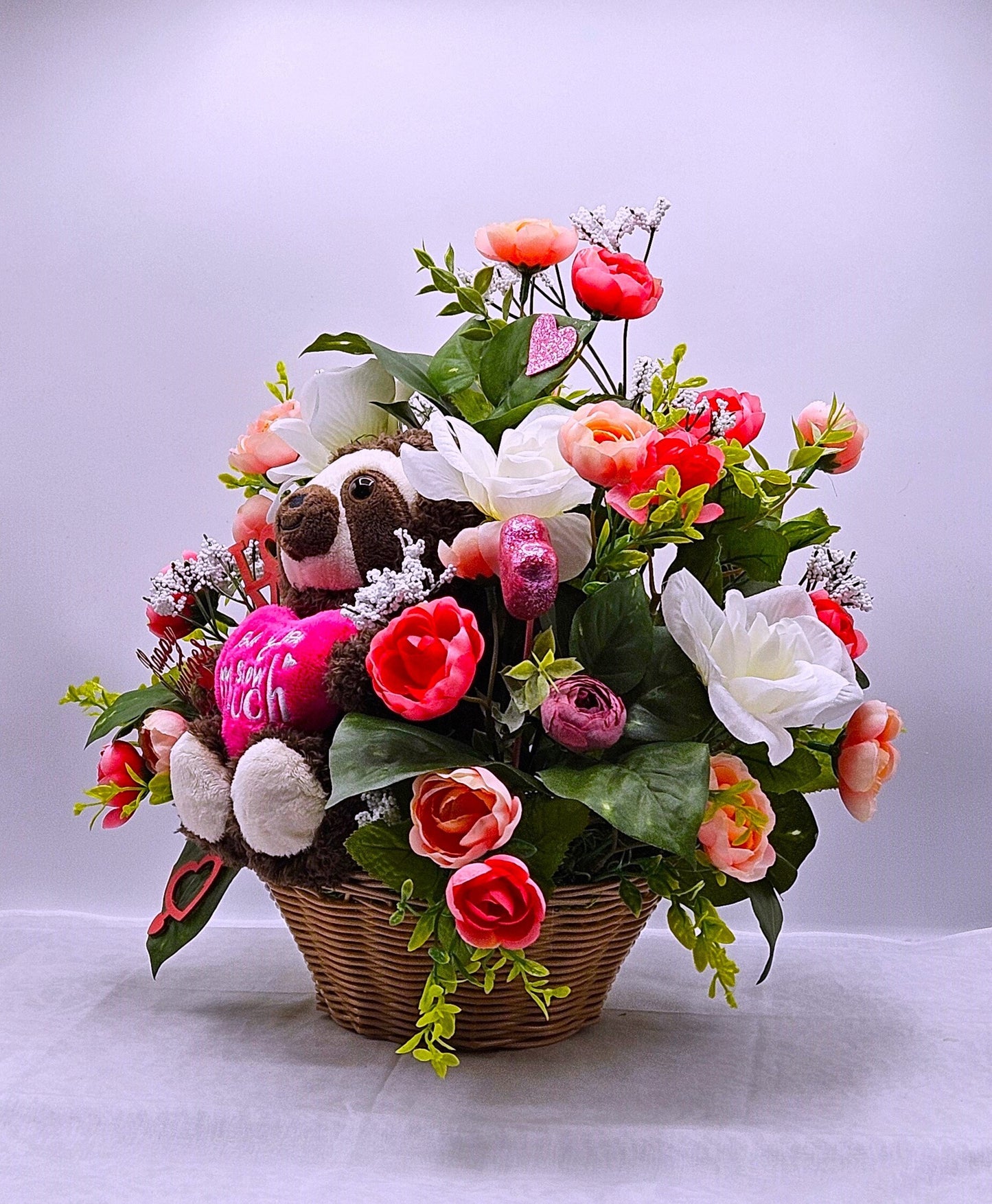 I Love You Slow Much" Sloth Themed Floral Decor, Cute Pink & White Arrangement with Hearts, Perfect Love Gift