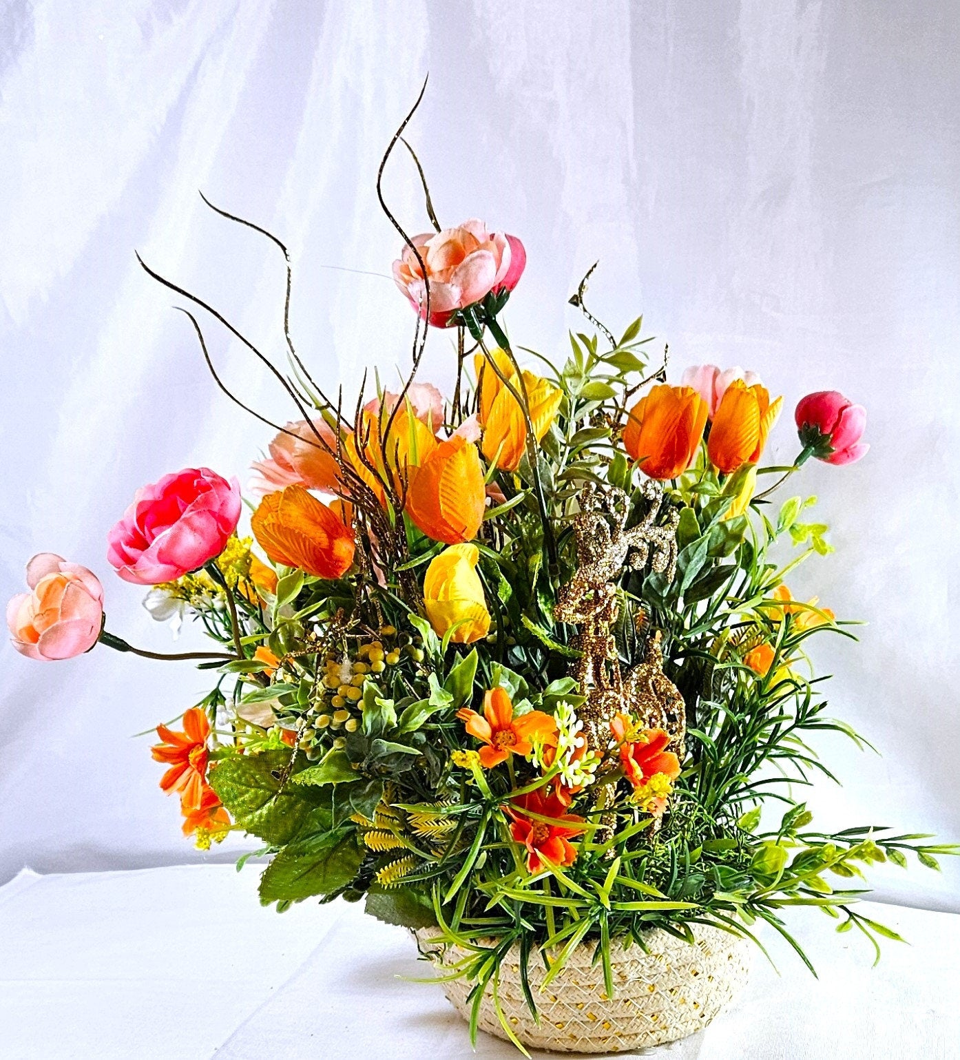 Floral Arrangement with Majestic Deer Amongst Blue/Pink or Orange/Peach Flowers, 2 Deer Options