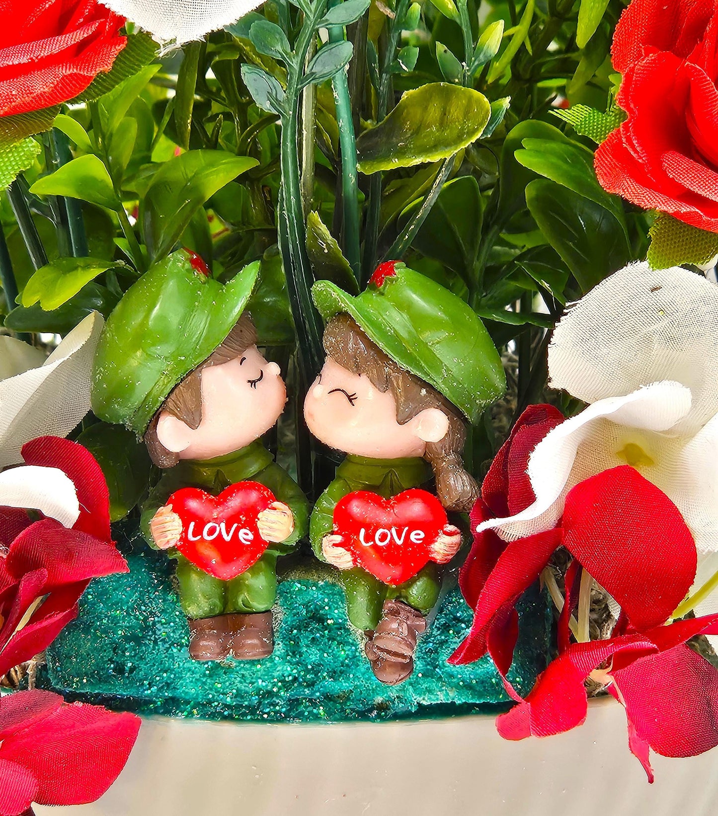 Romantic Flower Arrangement for Military Couple, Grey Plastic Bowl, Artificial Florals, Red Hearts, Love Gift