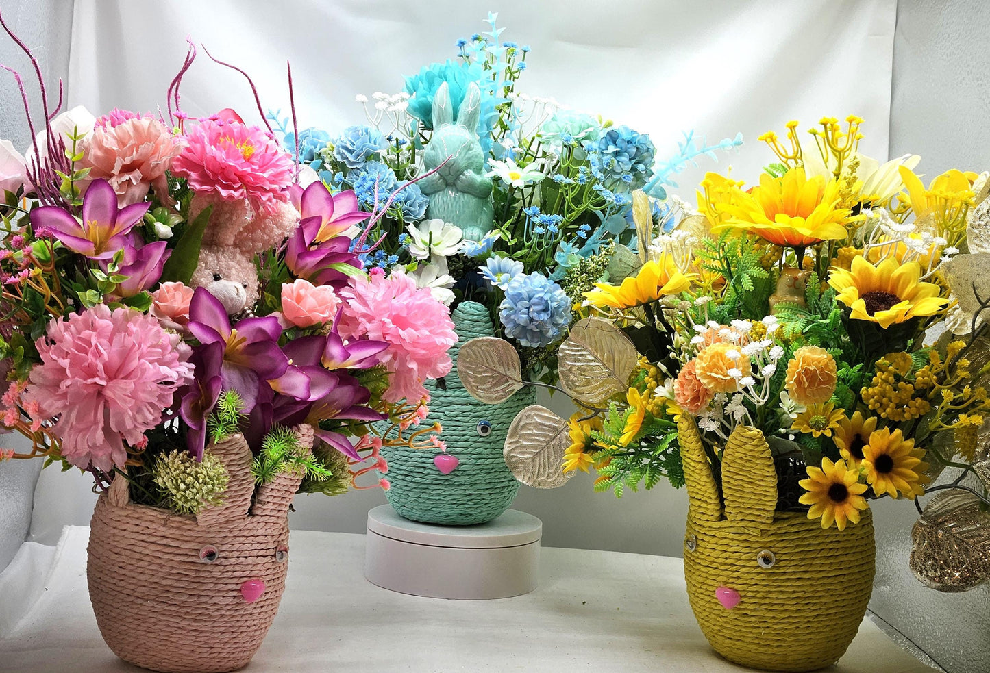 Easter Basket Gifts in 3 Colors, Pink/Yellow/Aqua, Each with a Bunny Accent, colorful Flowers, Lots of Glitter and Greenery, Great Gift Idea
