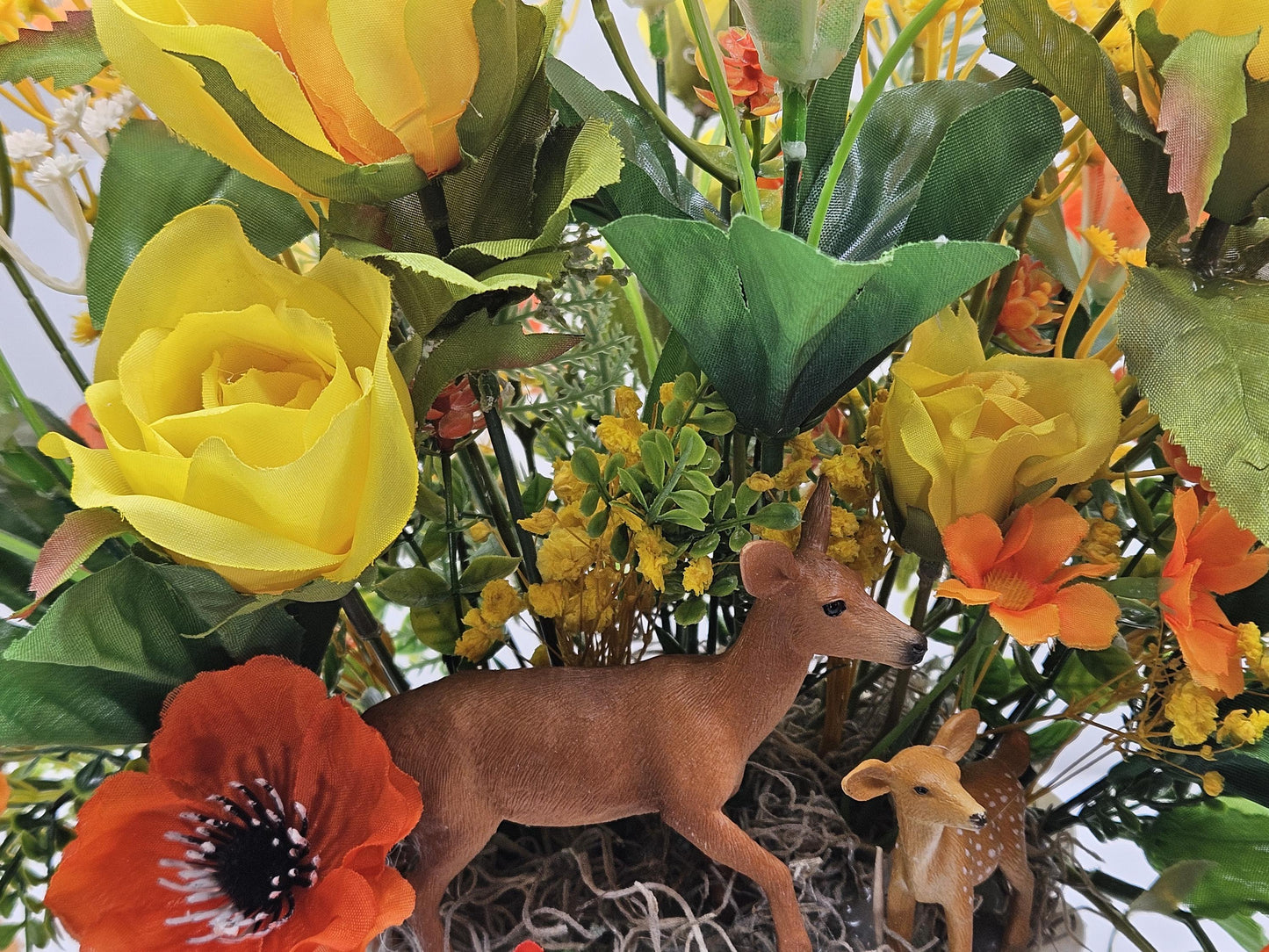 Momma and baby deer frolicking in a floral garden of yellow and orange Lilies, Pansies, Roses/other Florals, Greenery/Baby's Breath/Gifting