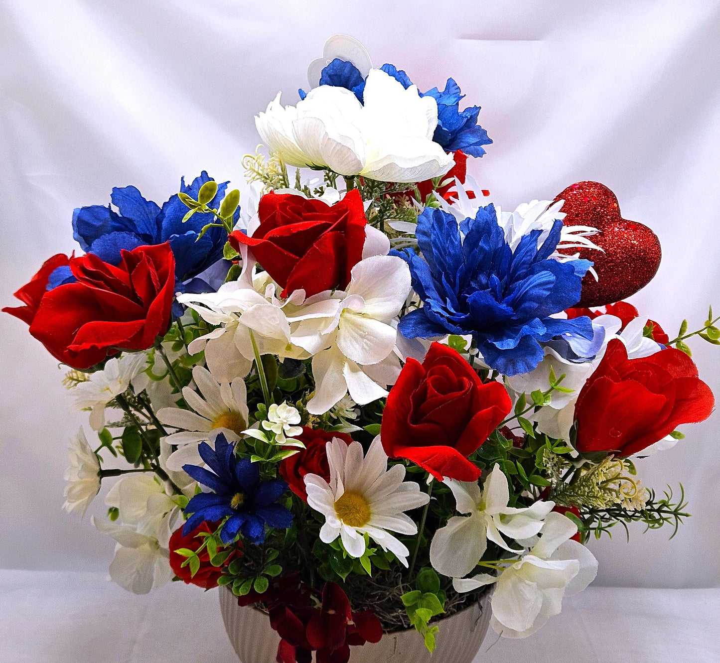 Romantic Flower Arrangement for Military Couple, Grey Plastic Bowl, Artificial Florals, Red Hearts, Love Gift