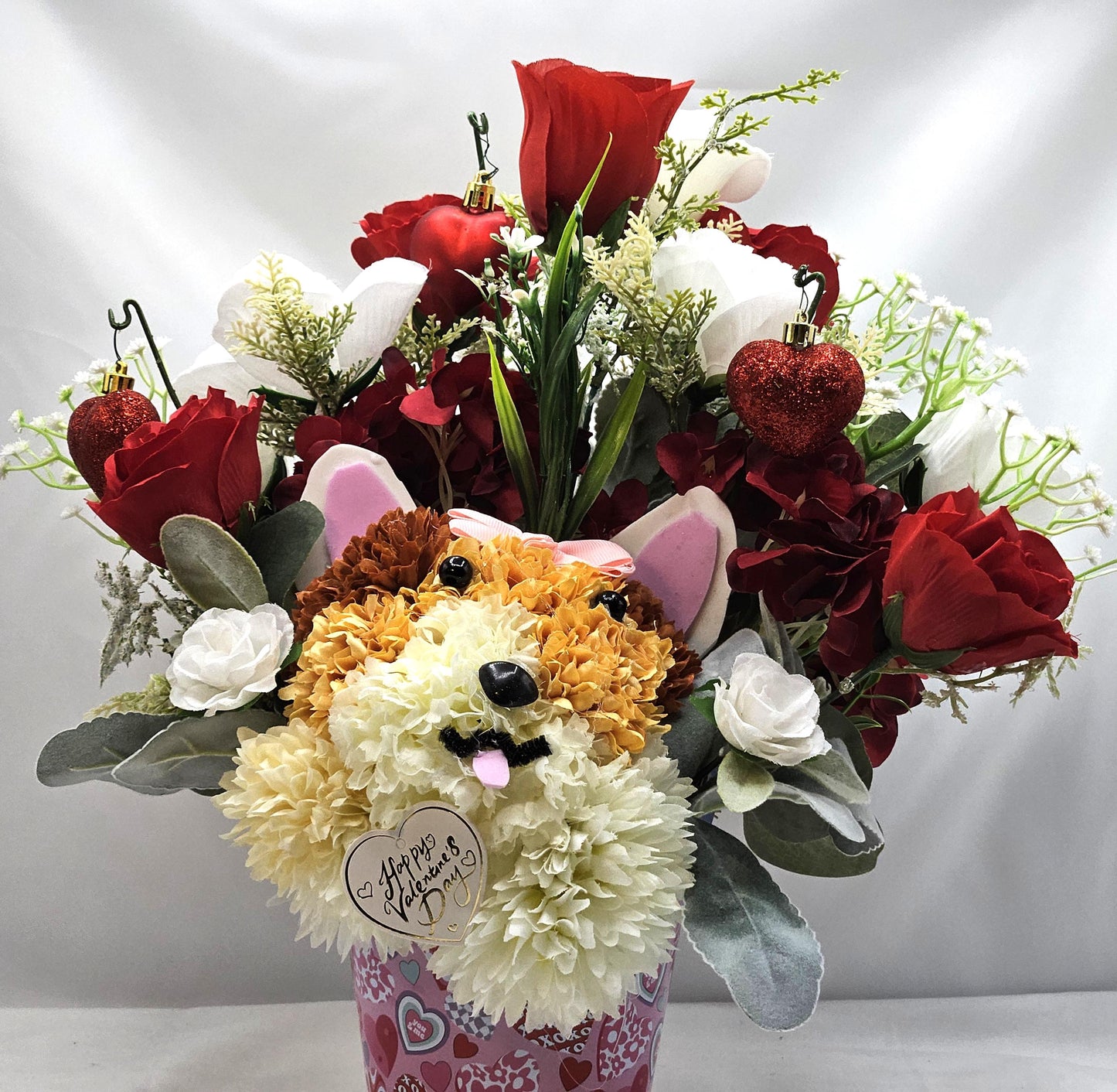 Handmade Carnation Mum Dog in Rose Garden, Red Roses, Greenery, Hearts, Romantic Gift, Dog Lover, Sweetheart