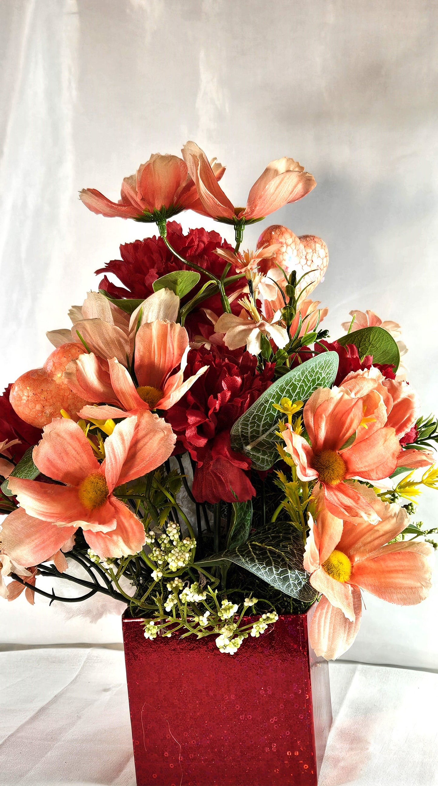 Romantic Flower Arrangement with White Bear Set in Red Gift Box - Red Carnations, Peach/White Florals, Glitter Hearts, and a Beautiful Bow"