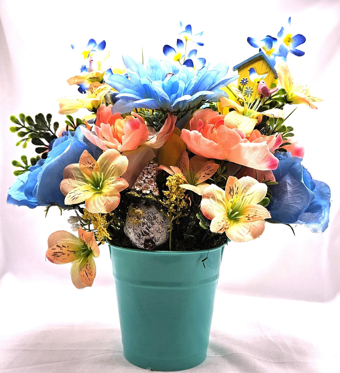 Bird Inspired Flower Arrangement in an Aqua Blue Pot with Peach/Blue/Yellow Flowers, Birid Accents, Bird Lover Gift, Great Home Gift Idea