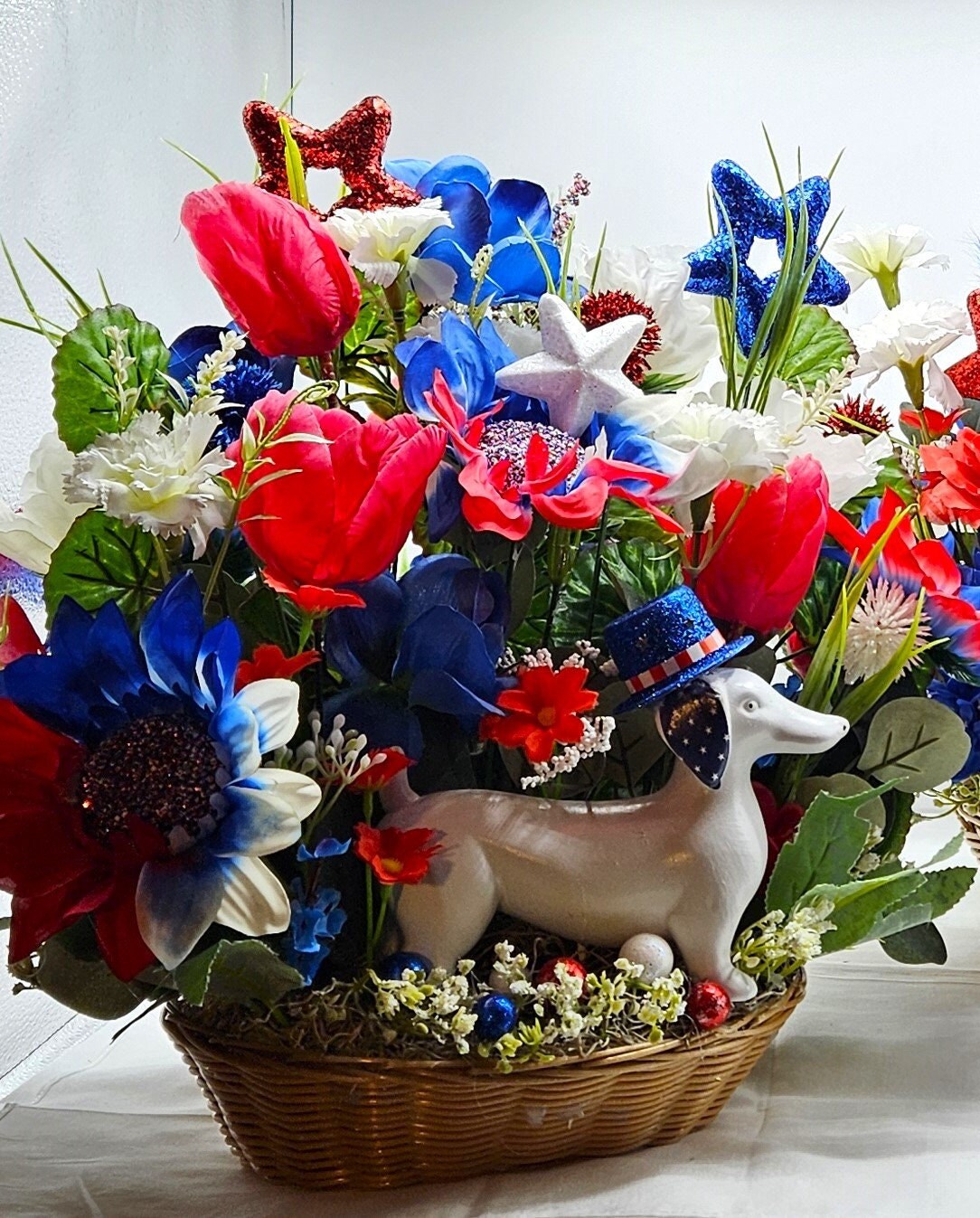 Red White Blue Weiner Dog Flower Arrangement, Patriotic Dachshund Decor, American Hat, God Bless America Gift
