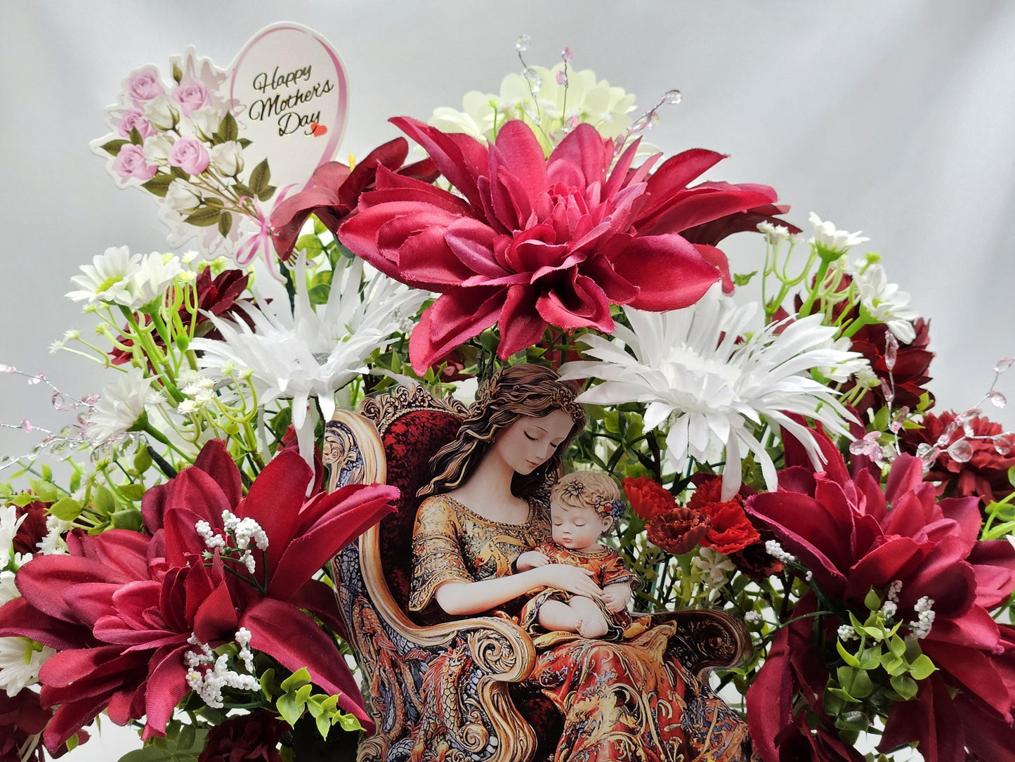 Elegant Floral Mother in Rocker Holding a Child, Vintage Look in Garden of Burgundy and White Flowers/Lush Greenery/Baby's Breath/Gift Idea