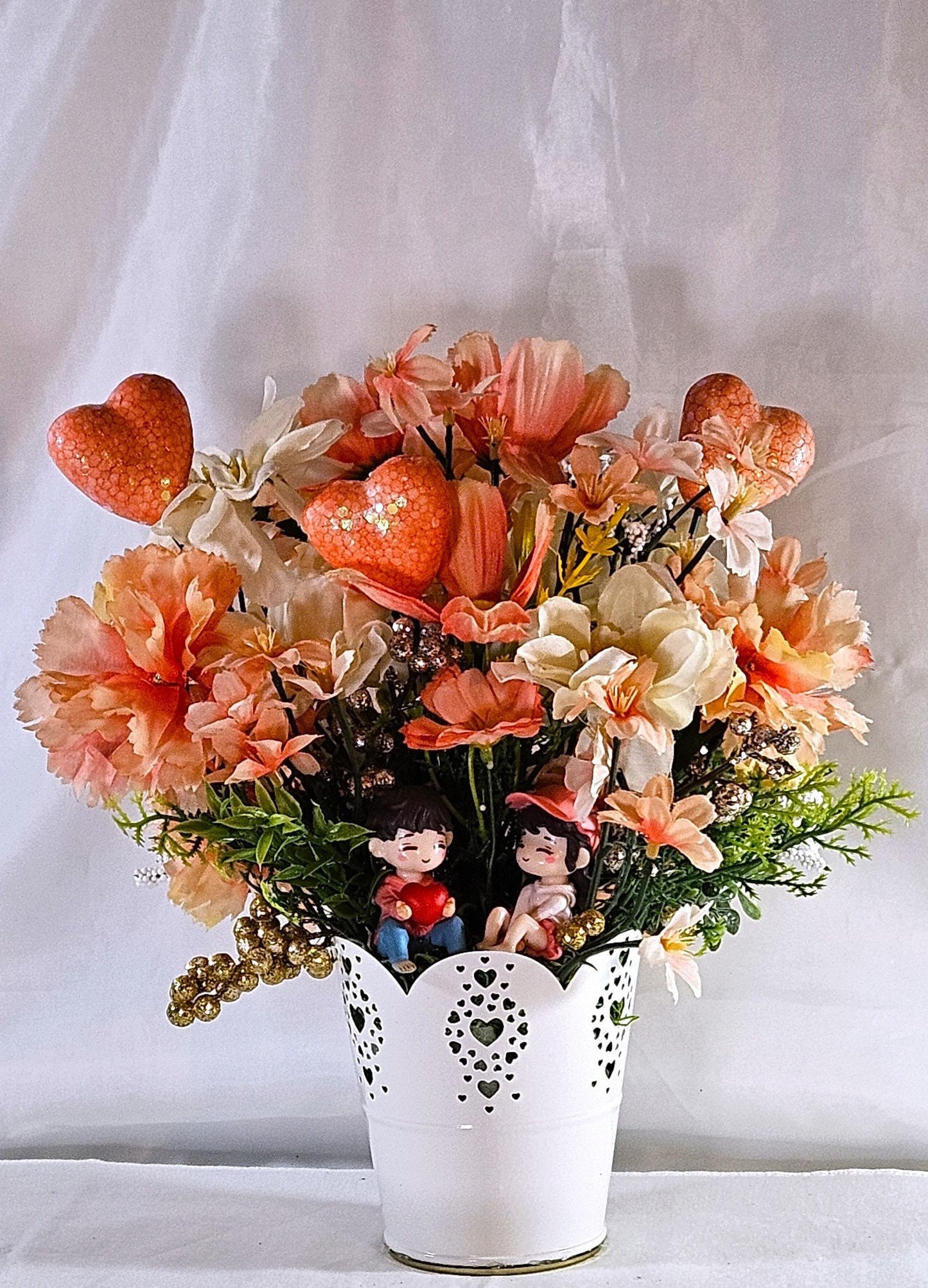 Romantic Centerpiece, Peach Flower Arrangement, Sweetheart Couple, Love Flower Arrangement