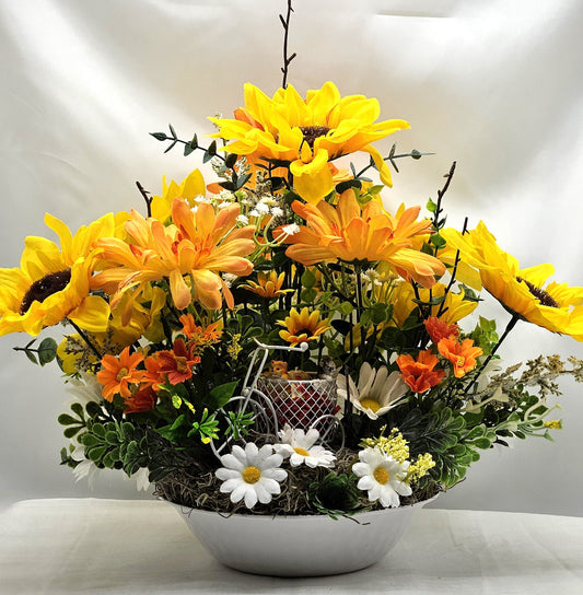 Dog Lovers' Bike Basket with Puppies, Sunflower Wildflower Delight, Whimsical Gift, Housewarming Present