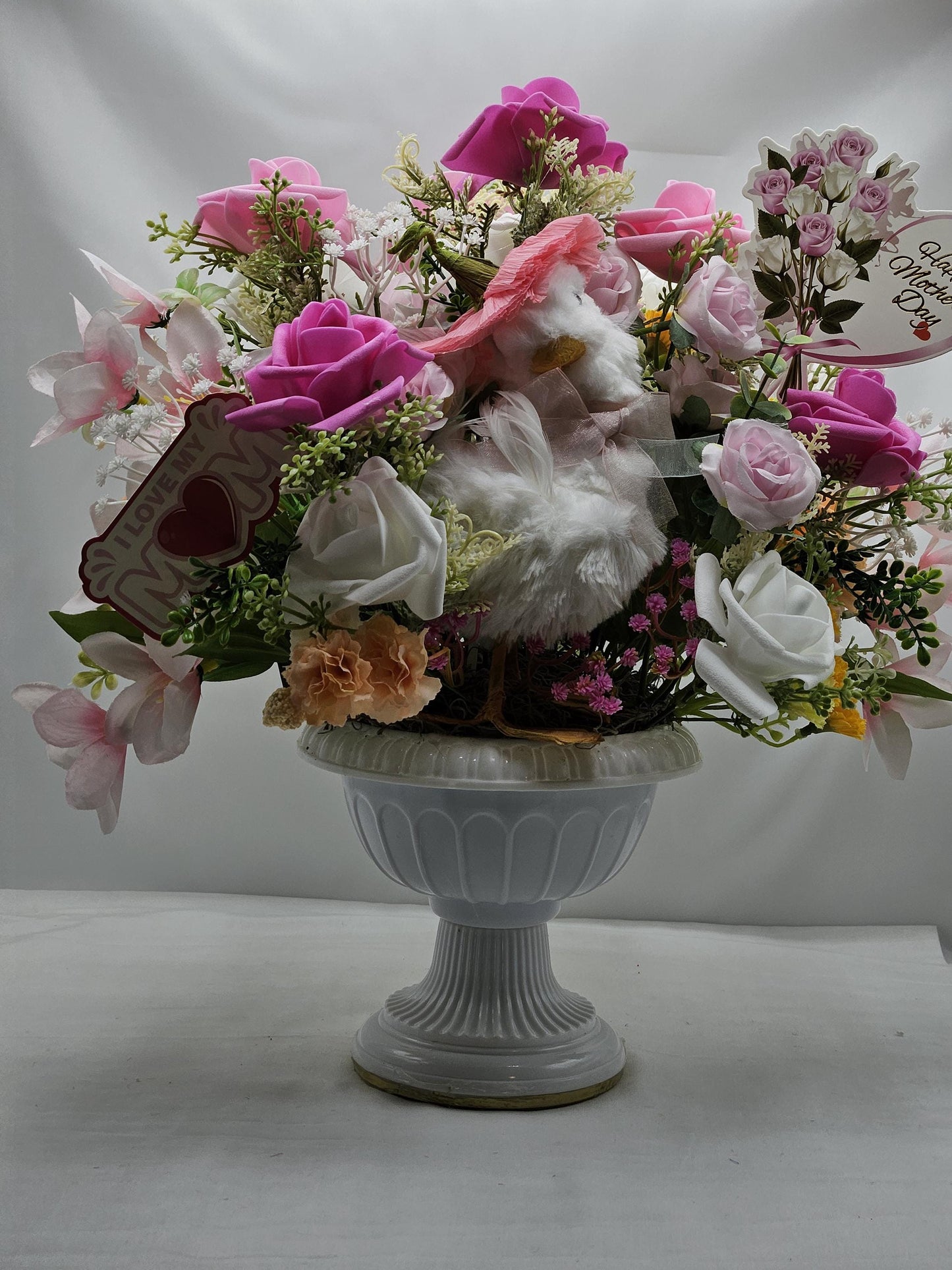Cheerful or Shy Goose Figure Pedestal Bowl/Twoo Options/Blue/Purple or Pink/White/Lilies, Roses, Other Florals, Greenery, Baby's Breath