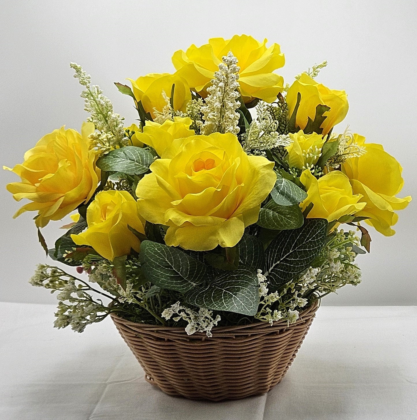 Floral Elegance for Mom - Yellow Roses and Baby's Breath Centerpiece, Ideal Mother's Day Gift for Home