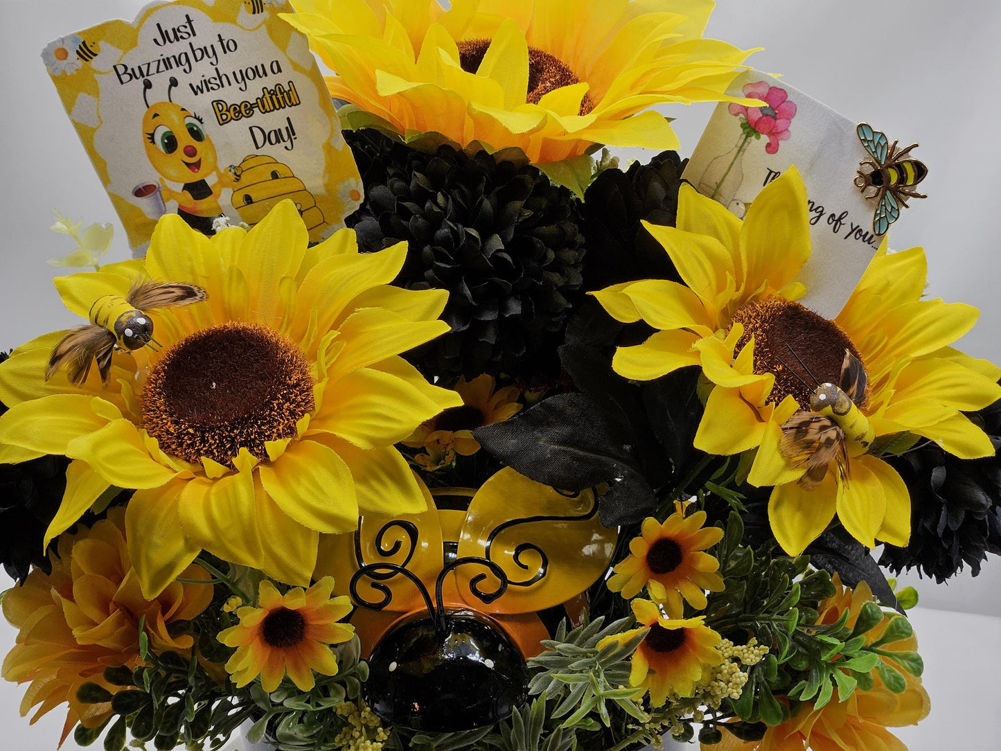 Thinking of You, Buzzing By Bee Lovers Floral Arrangement, Large Bee w/Bee accents, Yellow Sunflowers/Black Carnations Set in Black Bowl