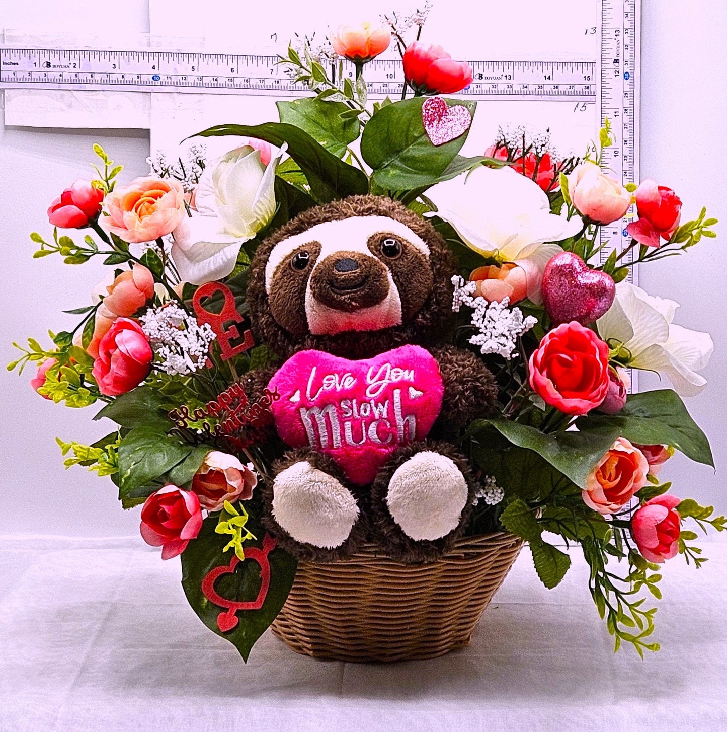 I Love You Slow Much" Sloth Themed Floral Decor, Cute Pink & White Arrangement with Hearts, Perfect Love Gift