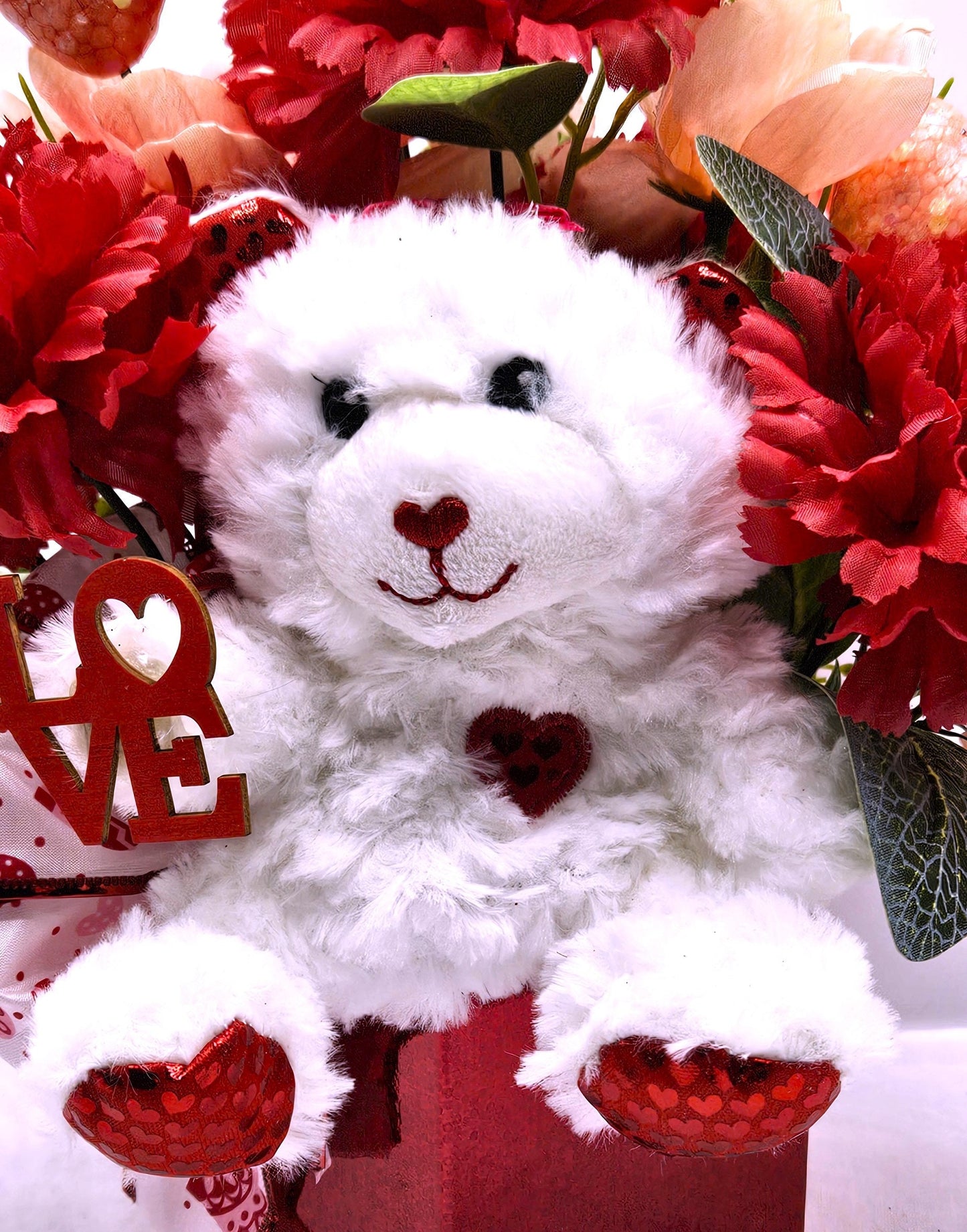 Romantic Flower Arrangement with White Bear Set in Red Gift Box - Red Carnations, Peach/White Florals, Glitter Hearts, and a Beautiful Bow"