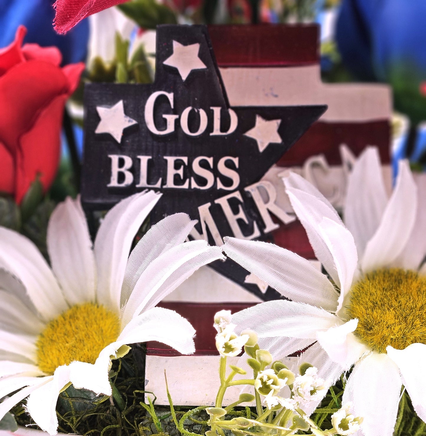 Patriotic Flower Arrangements, Red White Blue Flowers, God Bless America Sign, Celebrate America Decor