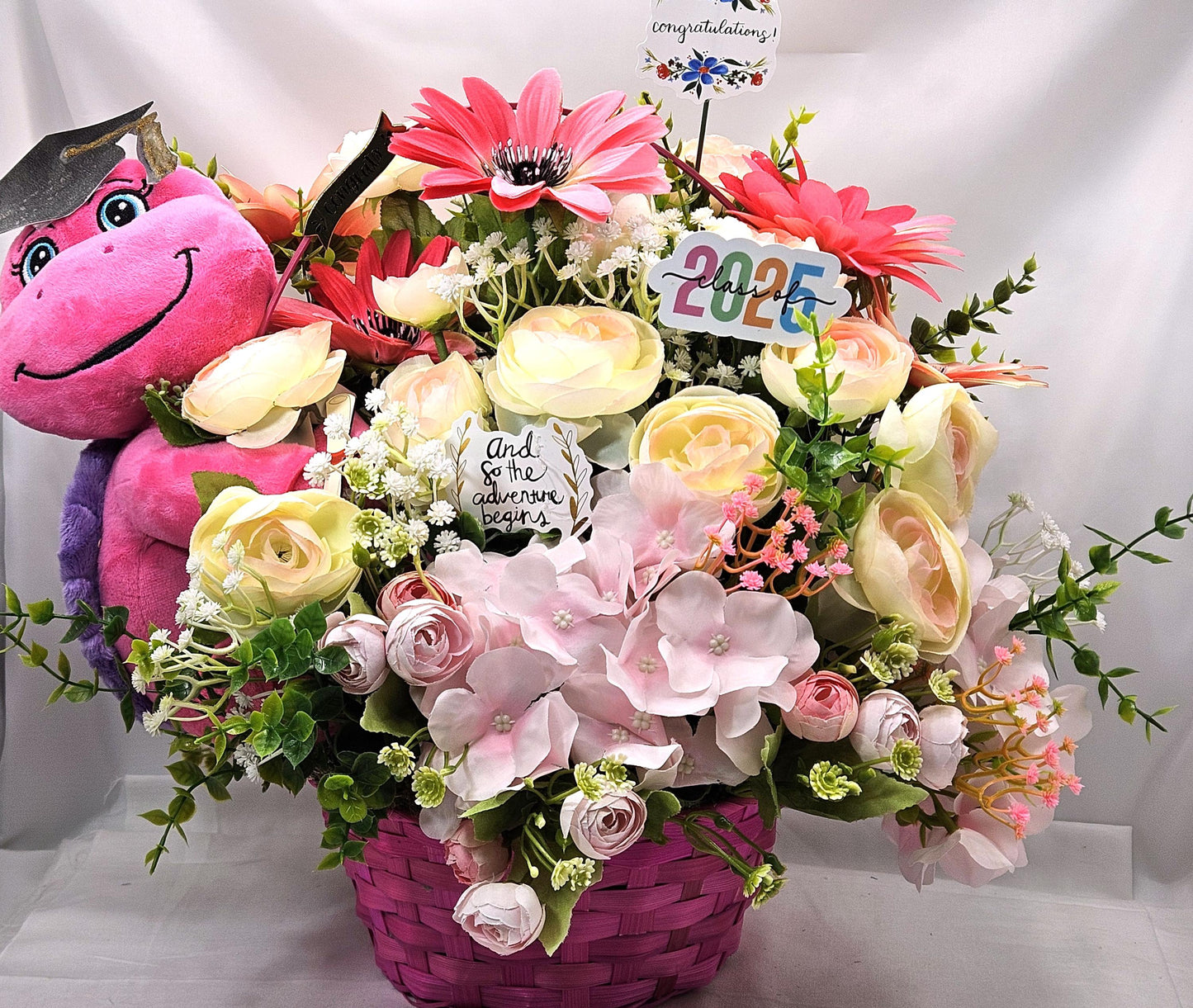 Turtle Lover Graduation Centerpiece/Whimsical Stuffed Pastel Turtle/Pink Wicker Basket/Ranunculus/Roses/Hydrangea/Pinks/White/Congrat Notes