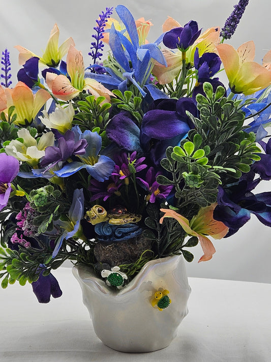 Cute Turtles Amidst a Purple and Yellow Floral Centerpiece Set in a Ceramic White Seashell, Great Gift for the Beach and Tropical Lover
