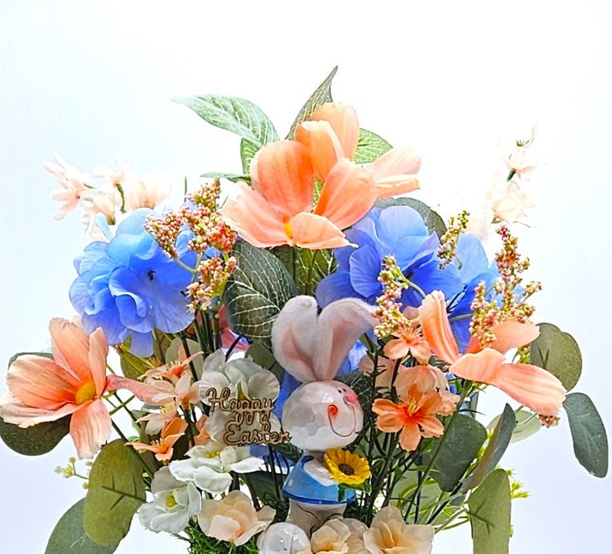 Cheerful Easter Bunnies with Spring Blooms in Easter Basket - 3 Options