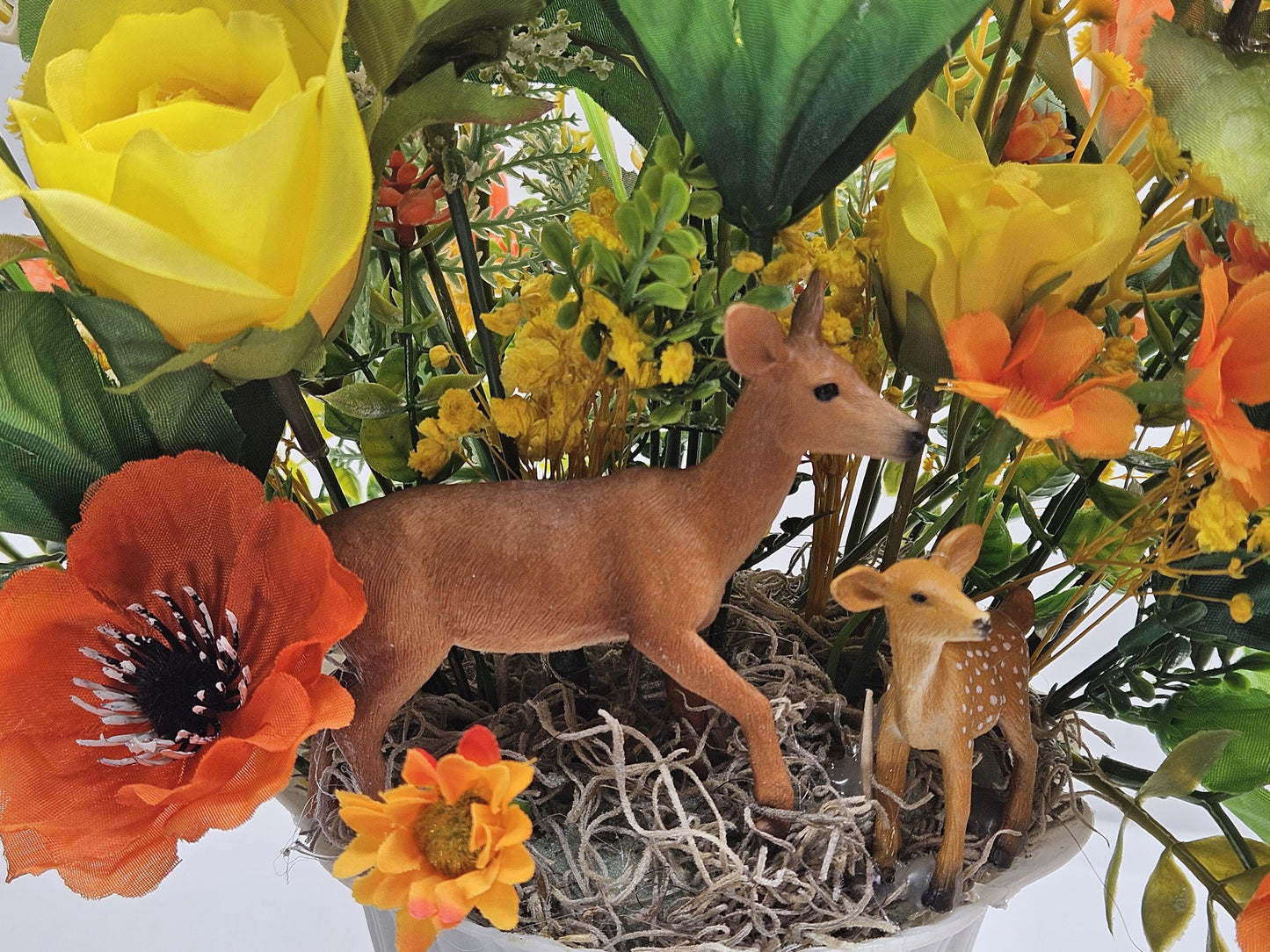 Momma and baby deer frolicking in a floral garden of yellow and orange Lilies, Pansies, Roses/other Florals, Greenery/Baby's Breath/Gifting