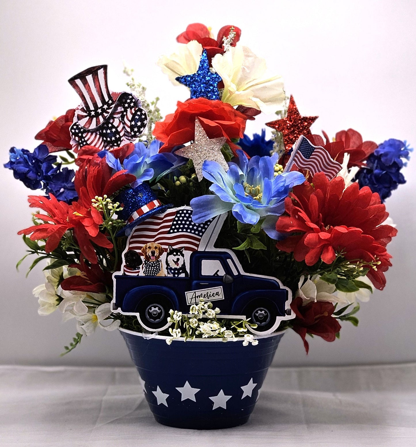 Patriotic Flower Arrangements, Red White Blue Flowers, God Bless America Sign, Celebrate America Decor