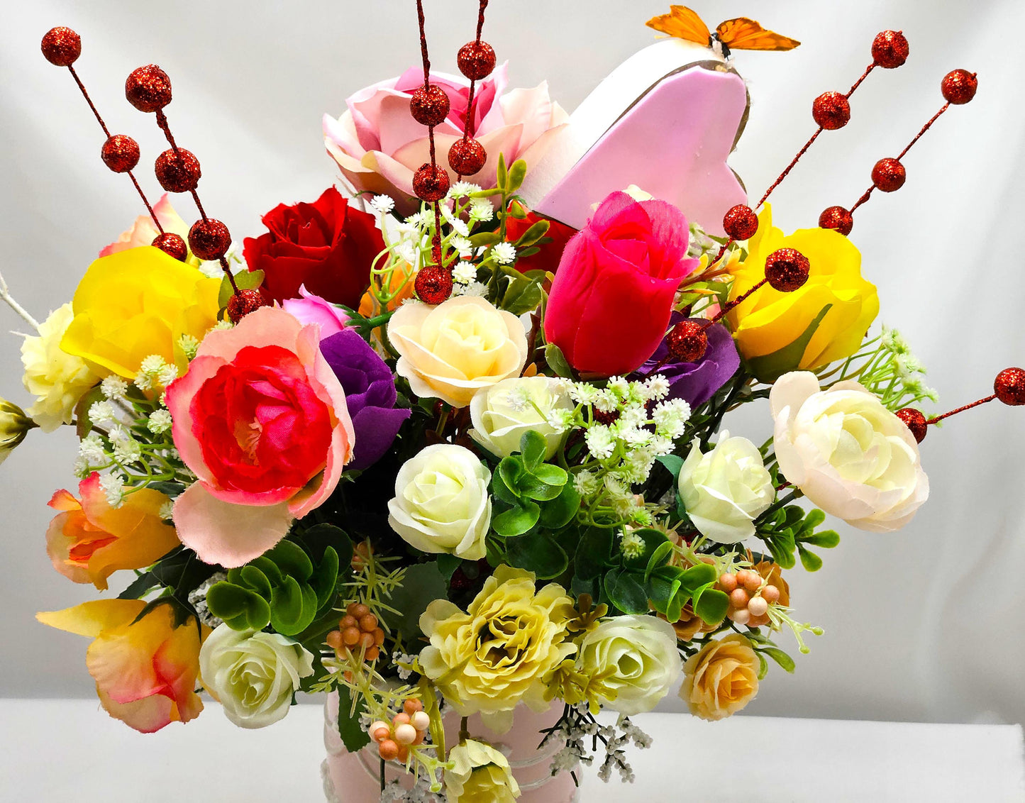 Loving, Heartwarming Love Flower Arrangements in a Footed Ceramic with Sweetheart Couples, 2 Choices, With Hearts/Love Sentiments