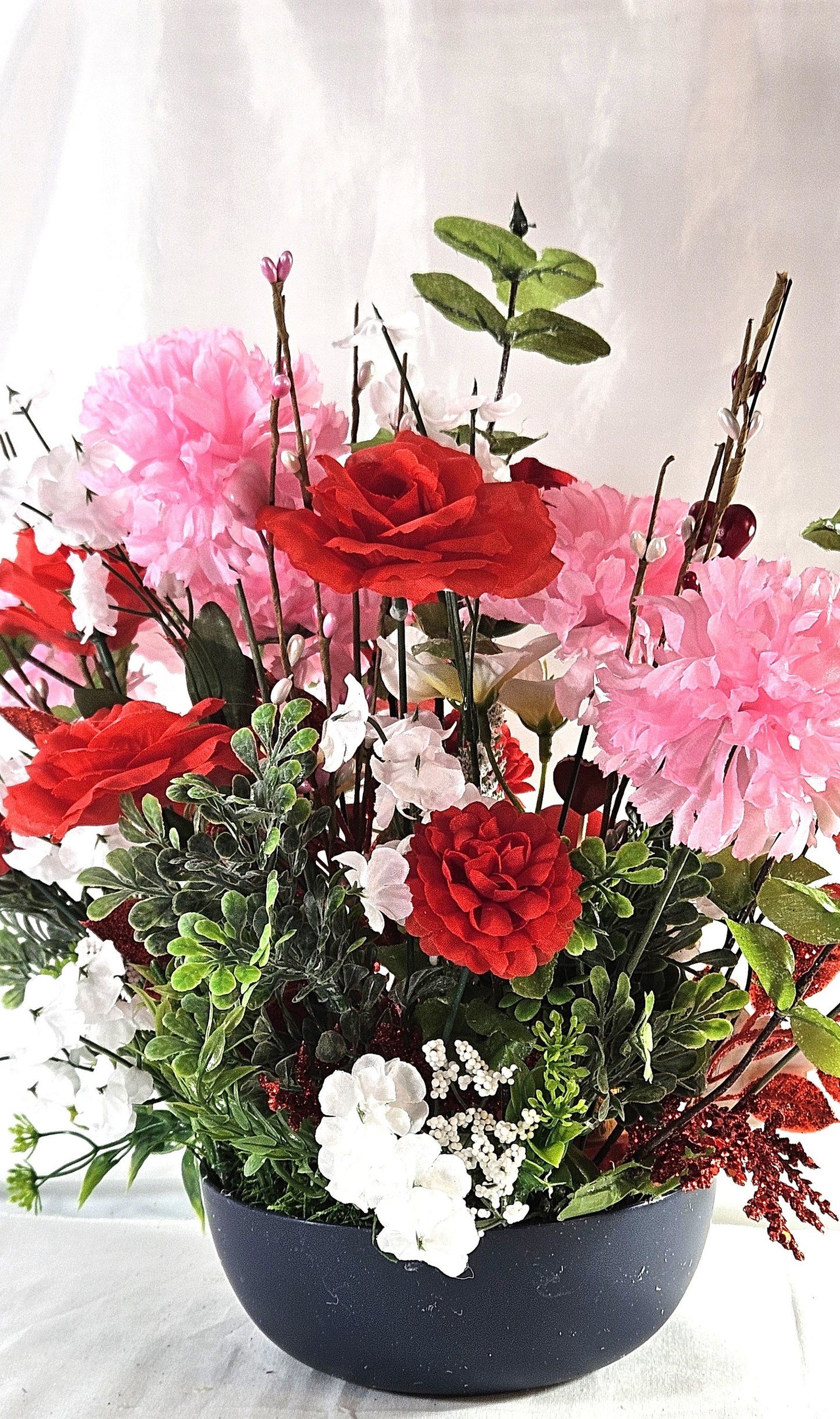 Romantic Centerpiece Sweetheart Bears, Bear Figures with Red Roses, Pink Carnations, Valentine's Gift