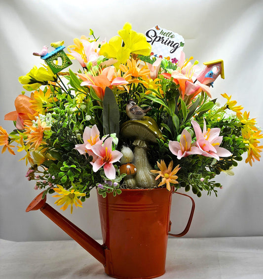 For the bird lover, Spring/Summer Floral Arrangement Set in Orange Watering Can w/Birds Atop Mushrooms/Other Bird Accents/Colorful Flowers