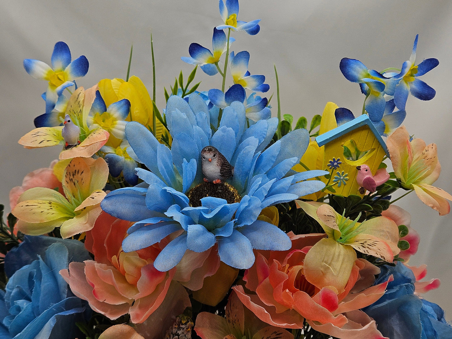Bird Inspired Flower Arrangement in an Aqua Blue Pot with Peach/Blue/Yellow Flowers, Birid Accents, Bird Lover Gift, Great Home Gift Idea