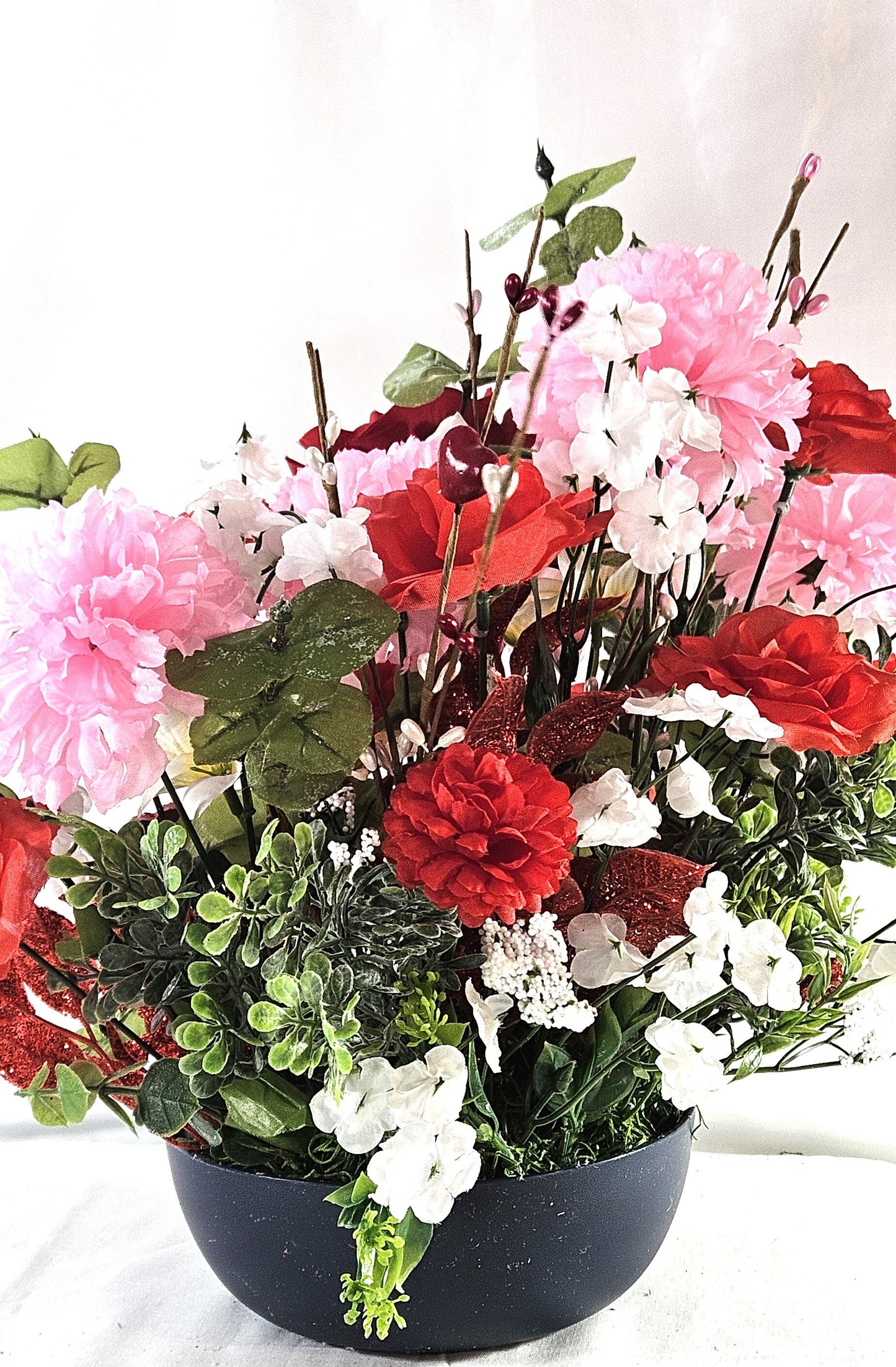 Romantic Centerpiece Sweetheart Bears, Bear Figures with Red Roses, Pink Carnations, Valentine's Gift