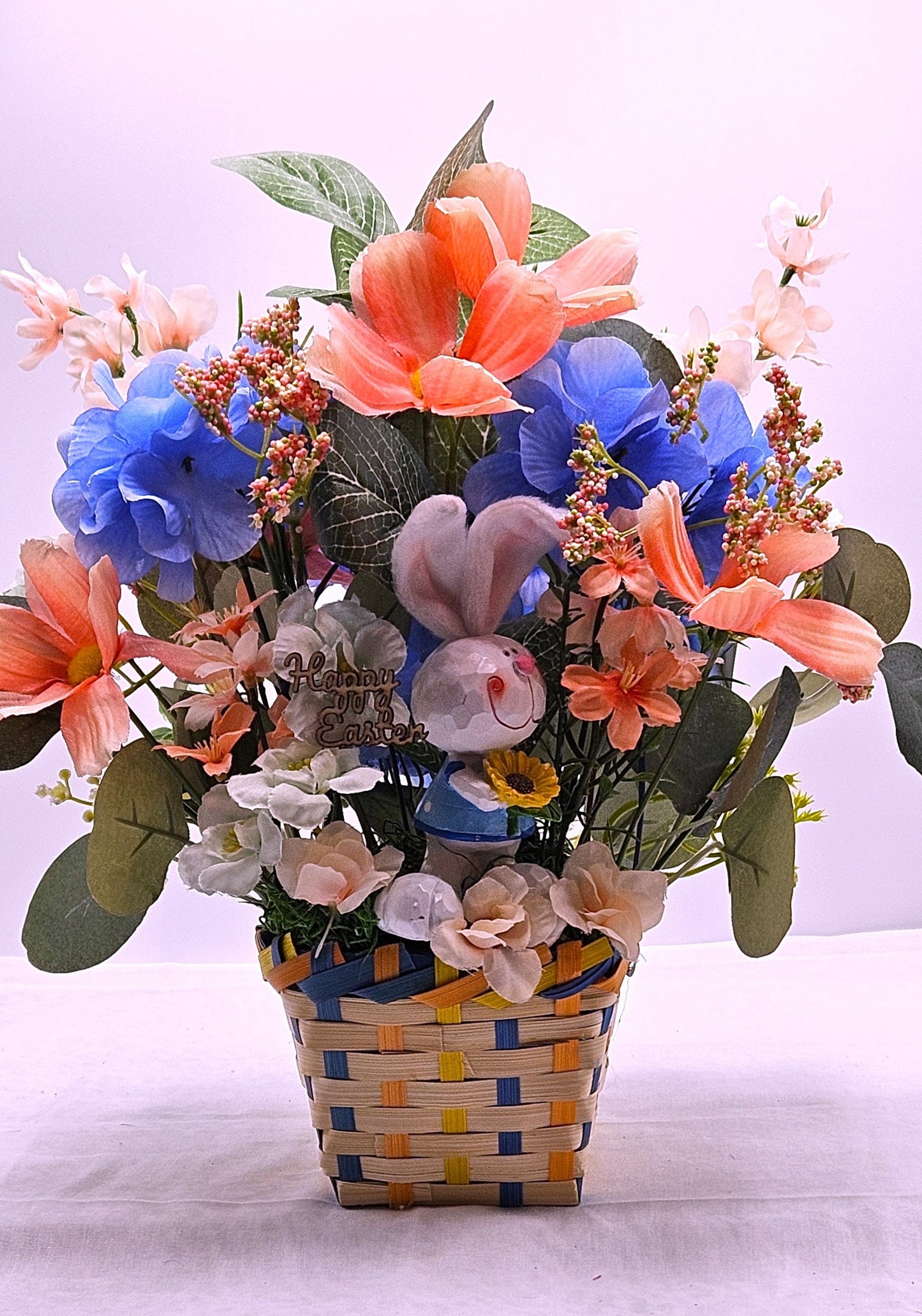 Cheerful Easter Bunnies with Spring Blooms in Easter Basket - 3 Options