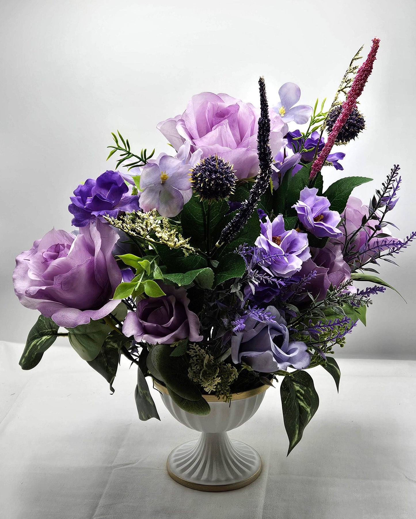 Lilac Rose and Baby's Breath Centerpiece in Footed Dish - Sophisticated Table Accent, Great for Mother's Day or Hostess Gift