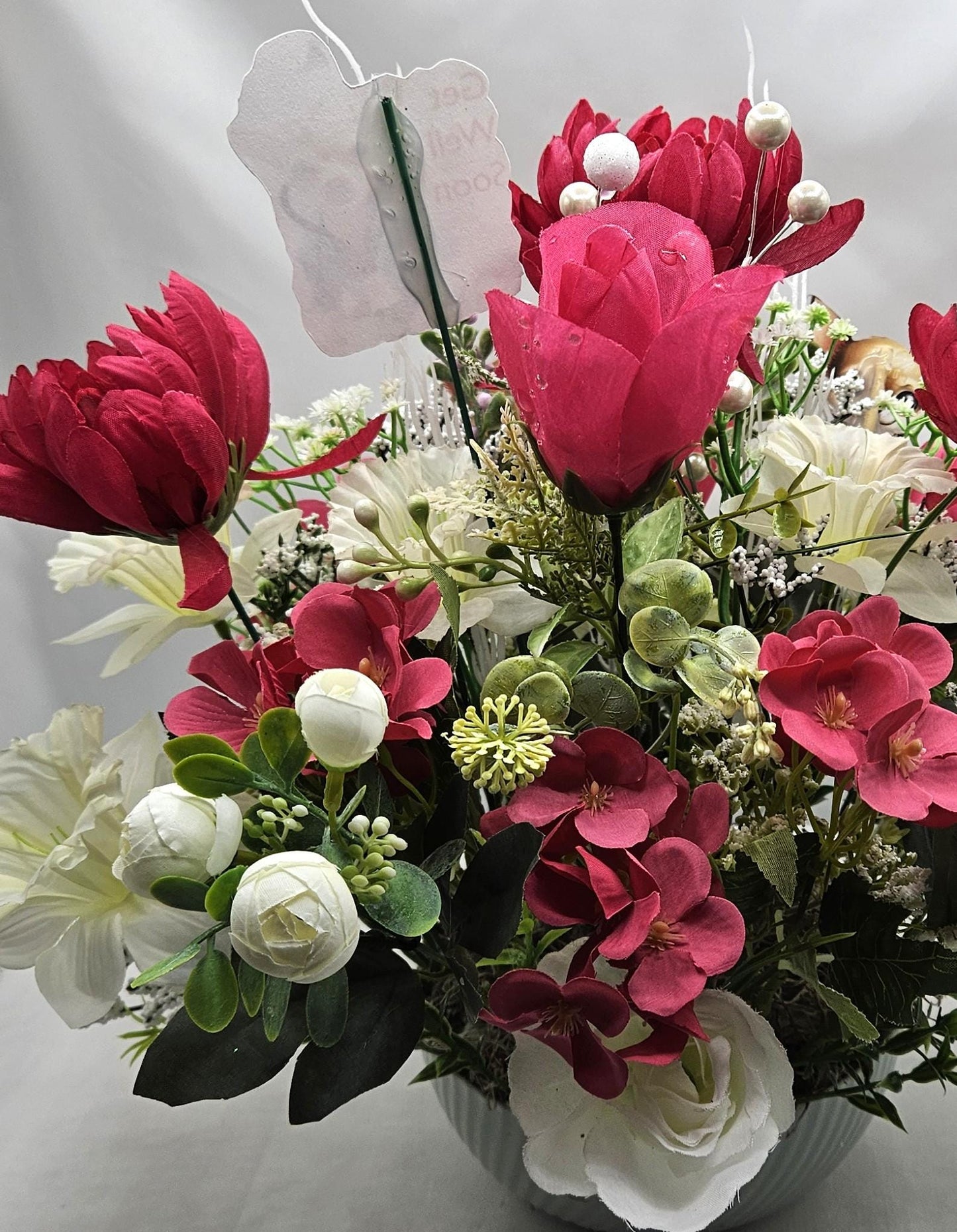 Get Well/Feel Better Floral Arrangeements Featuring Cheerful Chihuahua Pups Amidst a Red/White Flower Garden/Baby's Breath/Glitter Accents