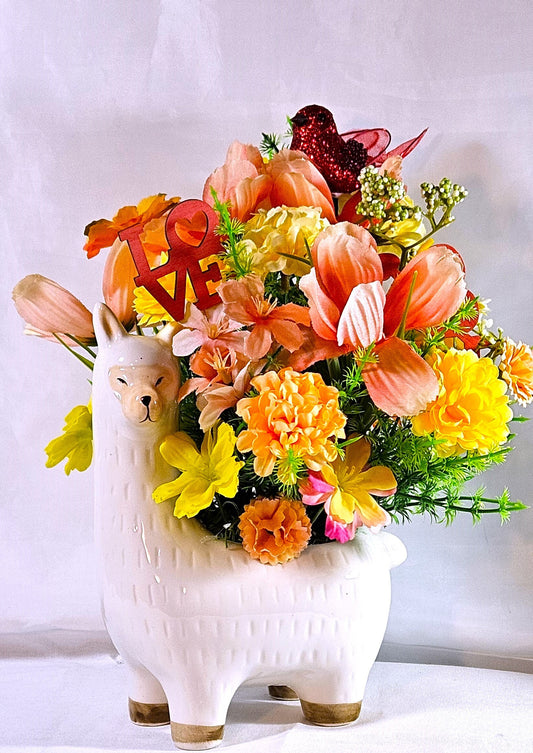 Love Ceramic Llama Arrangement: Peach/Yellow Blooms with Heartfelt Messages & Cute Bird, Perfect for Romantic Gift Occasions