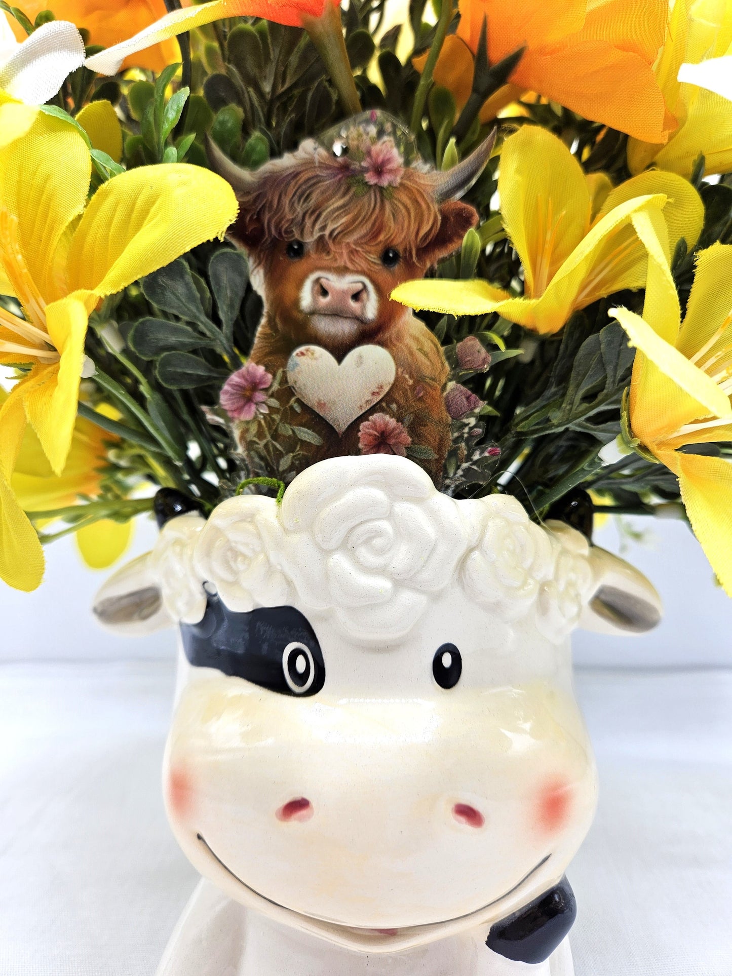 Adorable Cow Ceramic Flower Arranngement, Whimsical Cow Adorned with peach/orange/yellow Lilies/Cosmos/Petunias, Cow Lover Gift, Farmhouse
