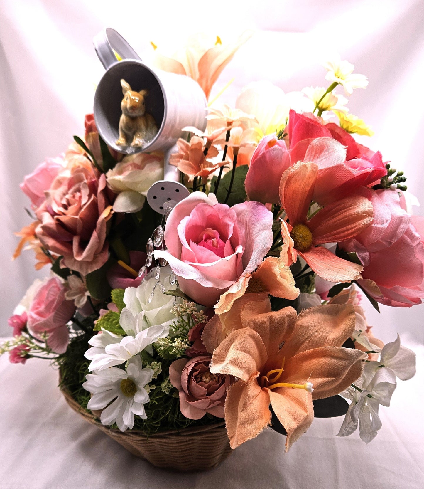 Oval Basket Flower Arrangement, Watering Can, Roses, Wildflowers, Bunnies, Housewarming Gift, Gift for Her