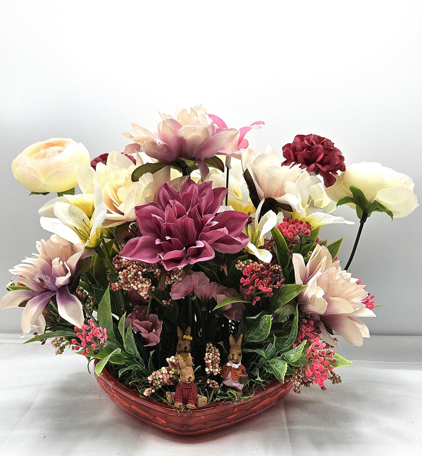 Charming Floral Arrangement in Heart-Shaped Dish, 3 Choices,  Pick from Bunnies or Llamas, Deer SOLD, Gift for Her, Any Occasion
