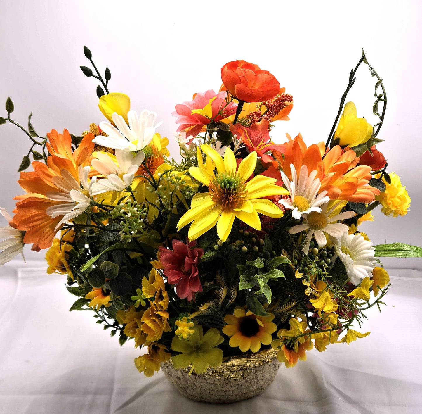 Flower Arrangement Set in Woven Basket, Boy with Cat and Turtle Figurine, Vibrant Yellow/Orange/White Flowers, Home Decor