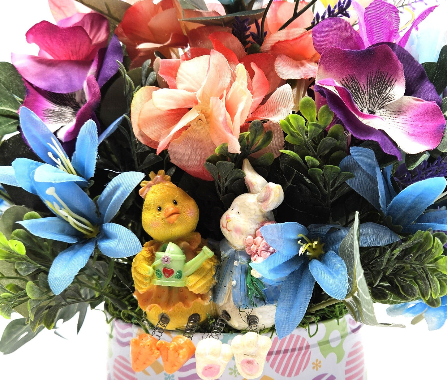 Egg Decorated Tin of Spring Pastel Flowers with Easter Chick and Bunny - Easter Table Centerpiece or Gift
