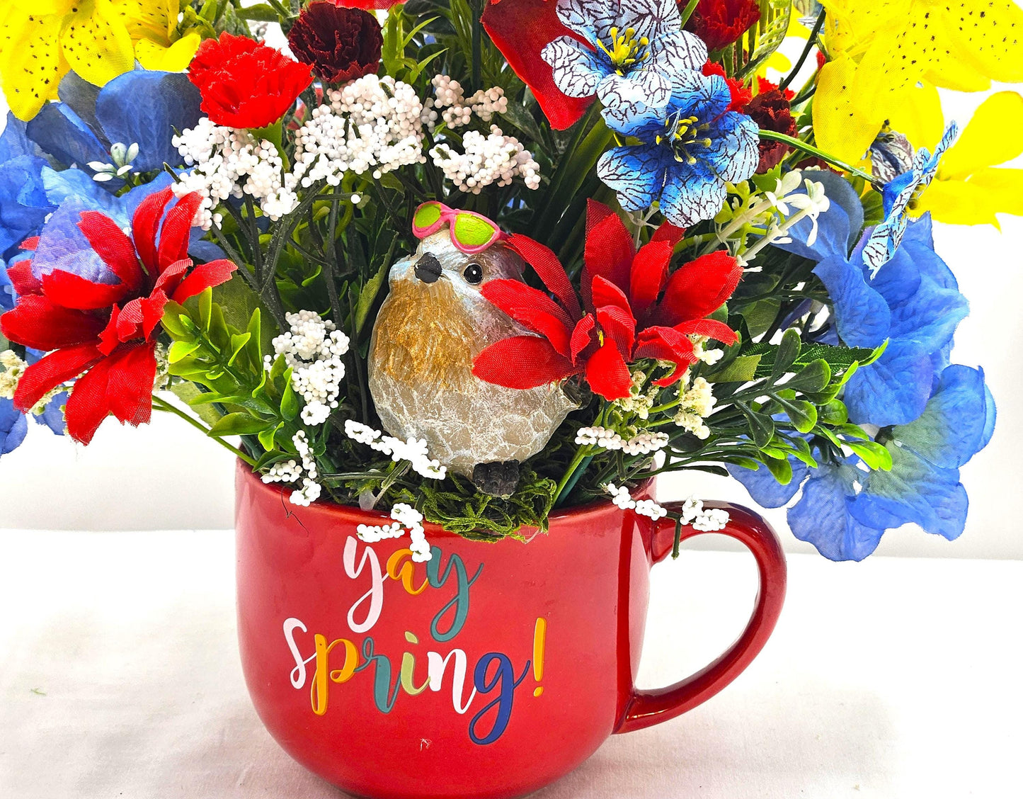 Yay, Spring is Sprung, Floral in Red Ceramic Mug, Cheery Bird Sits in Front of Vibrant Red/Yellow/Blue Spring/Summer Flowers/Decor/Gifting