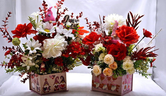 Gnome Heart Romance, Floral Arrangement in Decorated box w/lid, Two Options, Red Carnations/White Roses or Red Roses/White Carnations /Love