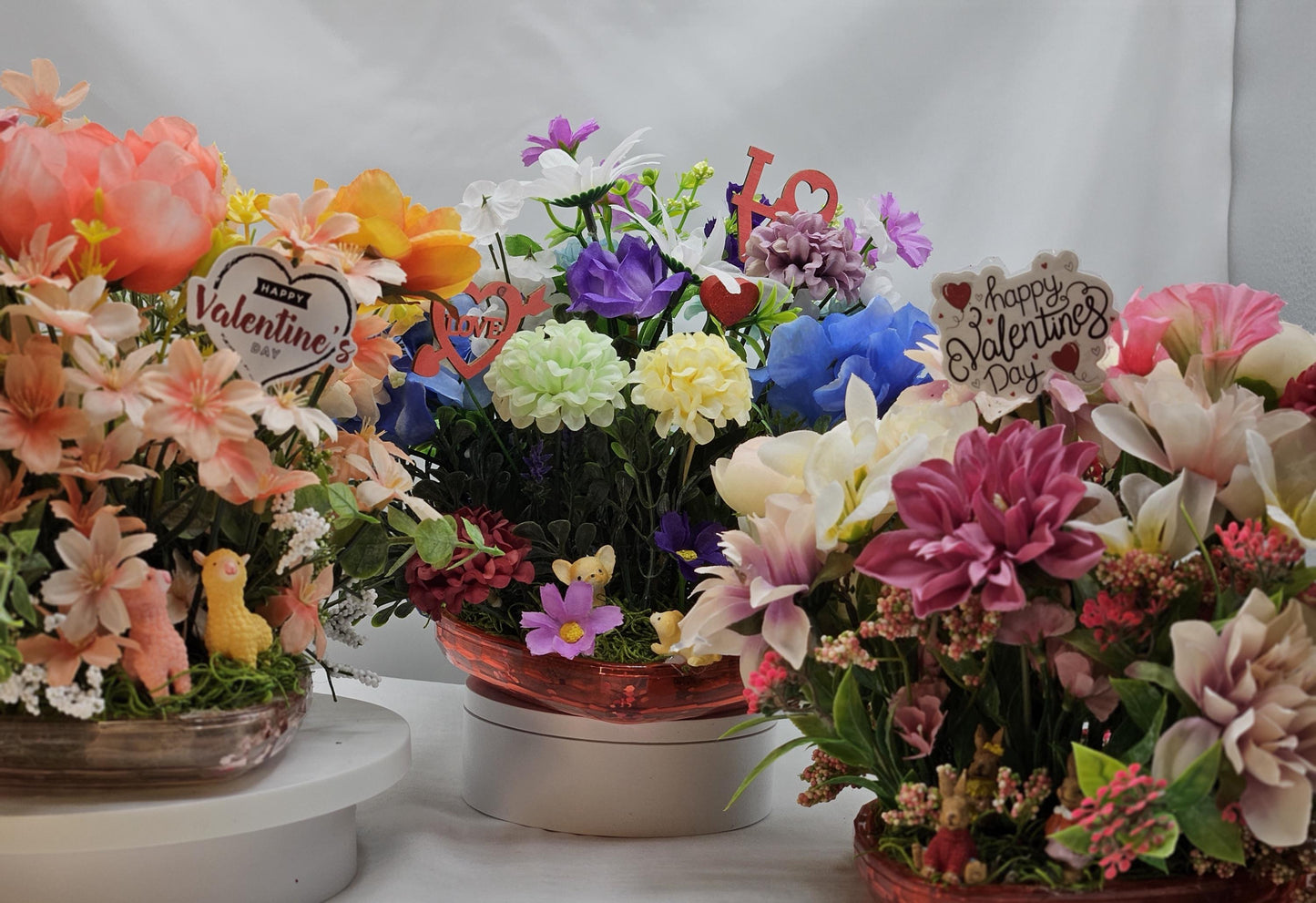 Charming Floral Arrangement in Heart-Shaped Dish, 3 Choices,  Pick from Bunnies or Llamas, Deer SOLD, Gift for Her, Any Occasion