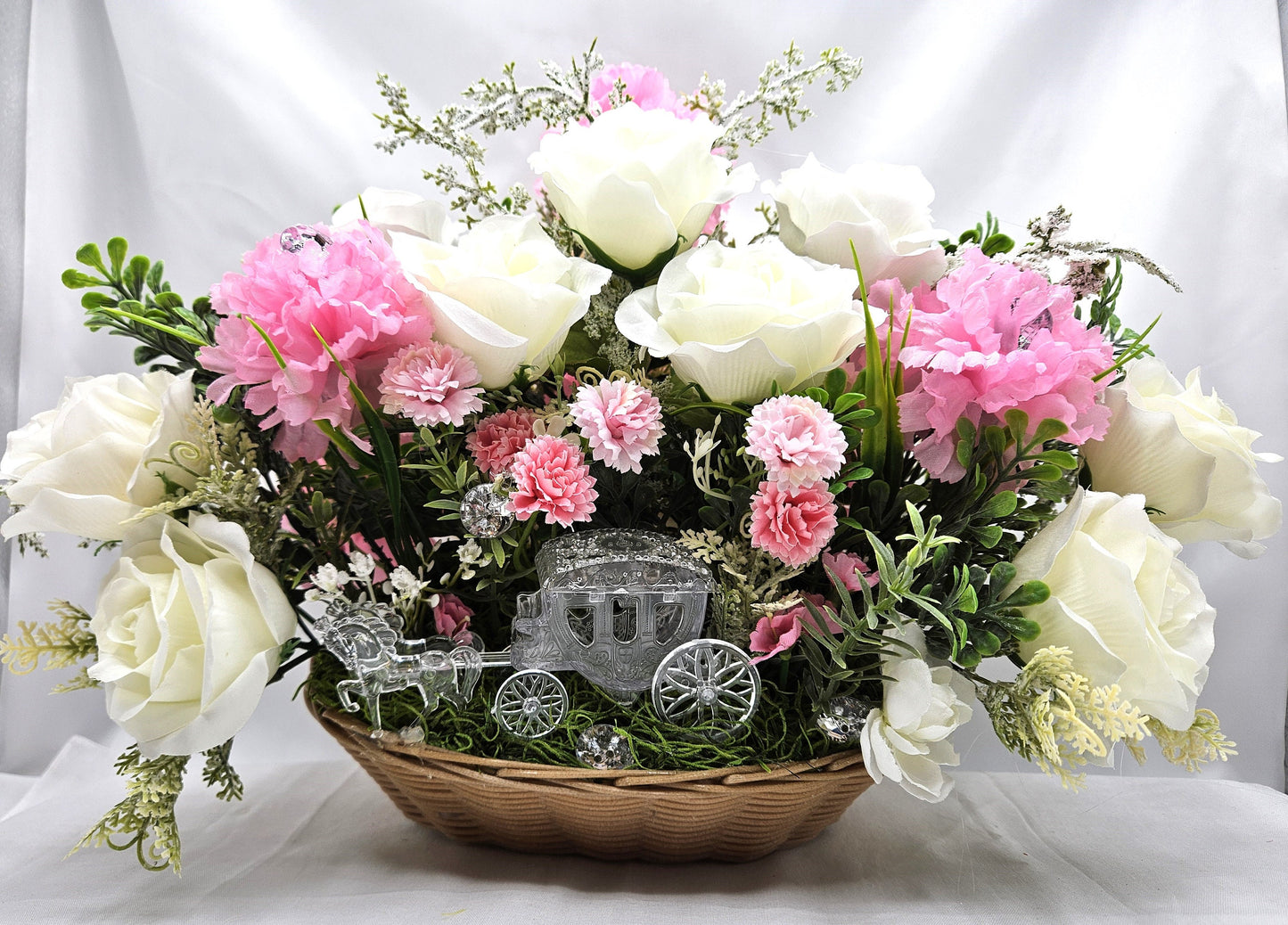 Crystal-Like Horse and Buggy, Princess Carriage, Floral White Roses, Pink Carnations, Sparkle Accents, Bridal Decor