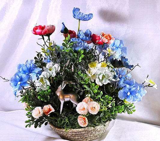 Floral Arrangement with Majestic Deer Amongst Blue/Pink or Orange/Peach Flowers, 2 Deer Options